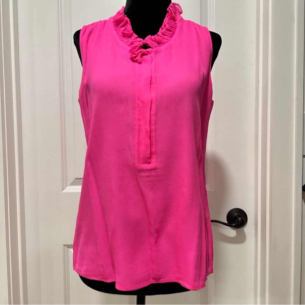 J.Crew Women's Bright Hot Pink Silk Sleeveless Ruffle Collar Top Size 2